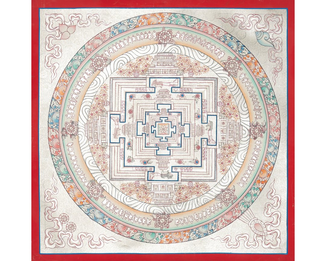 银色 Kalachakra 曼陀罗唐卡——以银色细节呈现的神圣时间循环 - 墙贴/壁贴 - 其他材质 多色