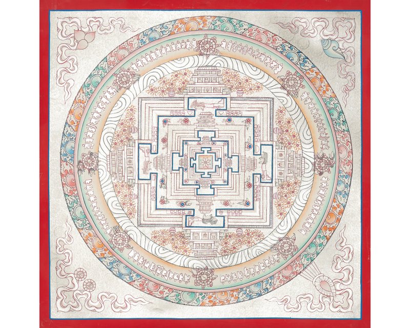 银色 Kalachakra 曼陀罗唐卡——以银色细节呈现的神圣时间循环 - 墙贴/壁贴 - 其他材质 多色