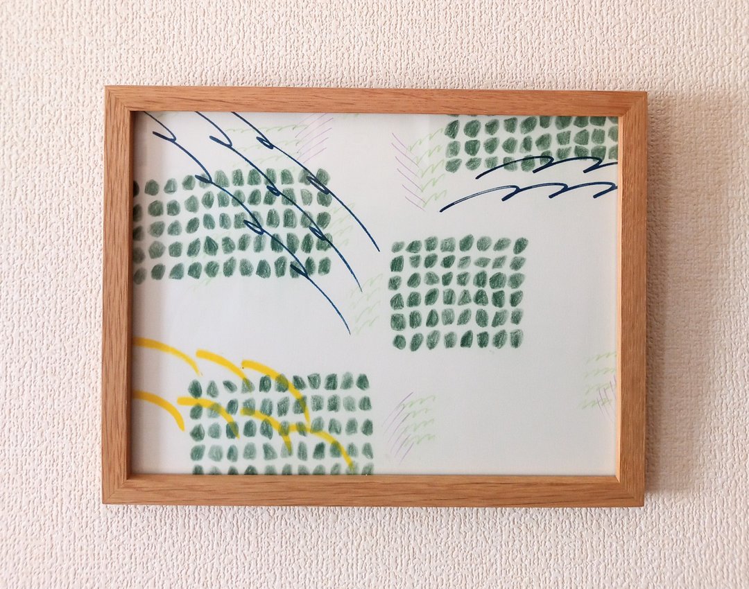 木框的稻田色铅笔画，免费送货，插图，日式挂画 - 海报/装饰画/版画 - 木头 白色
