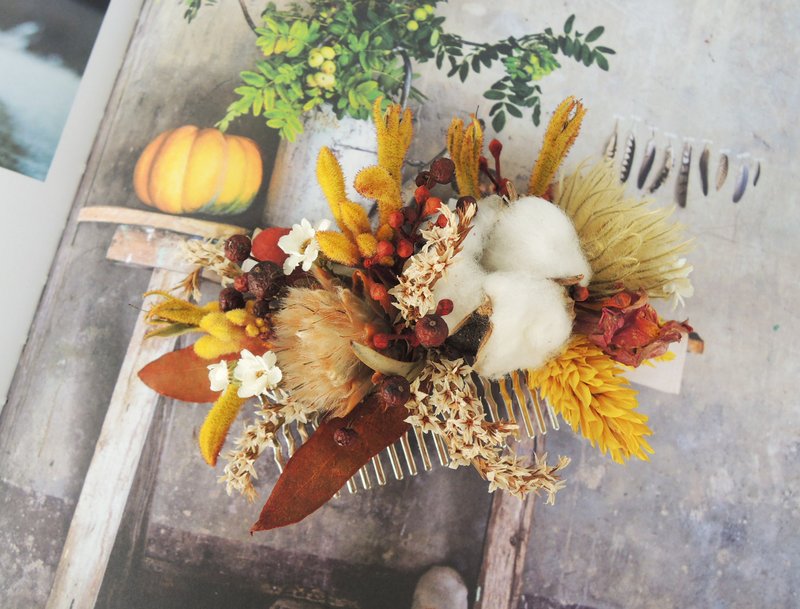 微甜·圈 手作 温暖阳光 棉花 澳洲袋鼠花 尤加利叶 毛笔花 法国小白梅 干燥花 不凋花 大发插 新娘发饰 发饰 现货 - 发饰 - 其他金属 橘色