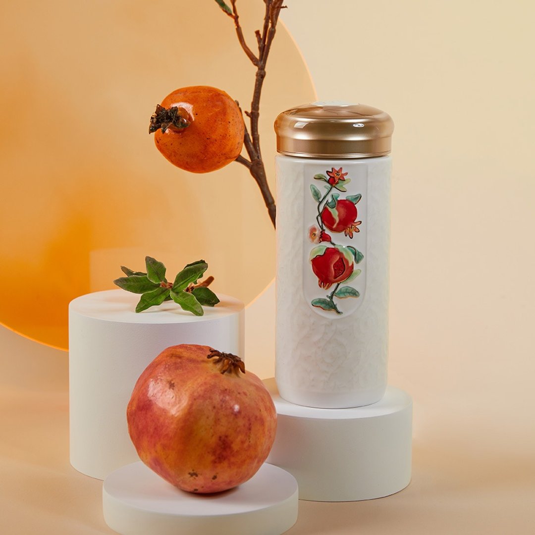 干唐轩活瓷 | 榴花硕果随身杯 / 大 / 双层 / 描金 / 牙白 330ml - 水瓶/水壶 - 瓷 白色