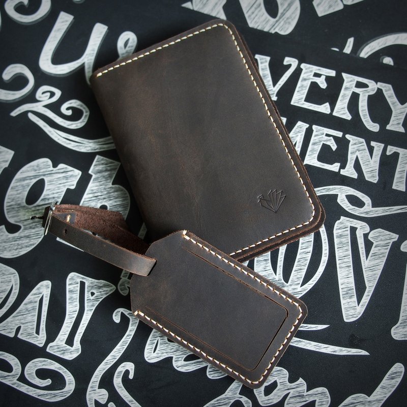 Traveller Set - Passport holder + Luggage Tag Handmade Crazy Horse Leather - 护照夹/护照套 - 真皮 咖啡色