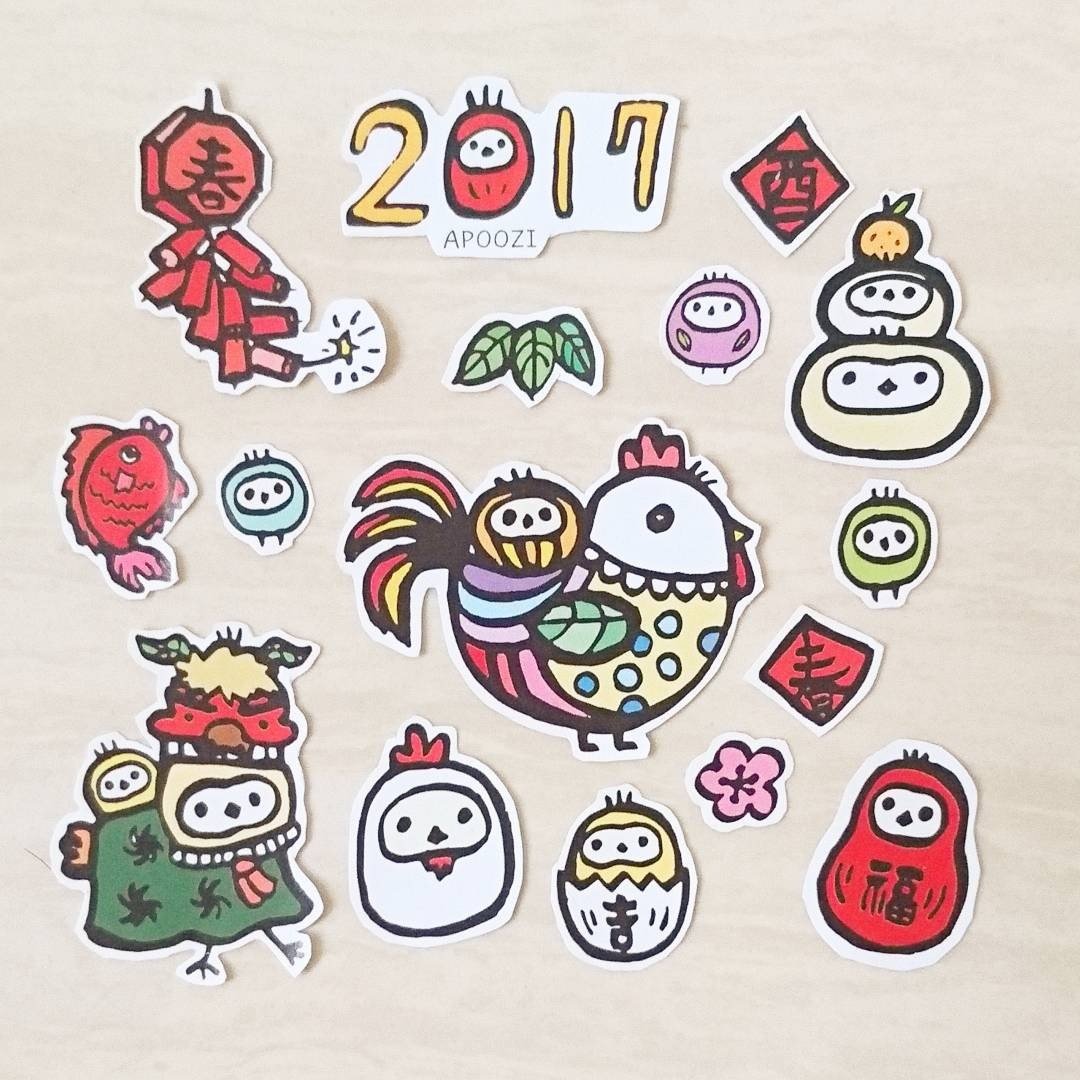 鸡年插画贴纸 - 贴纸 - 纸 多色
