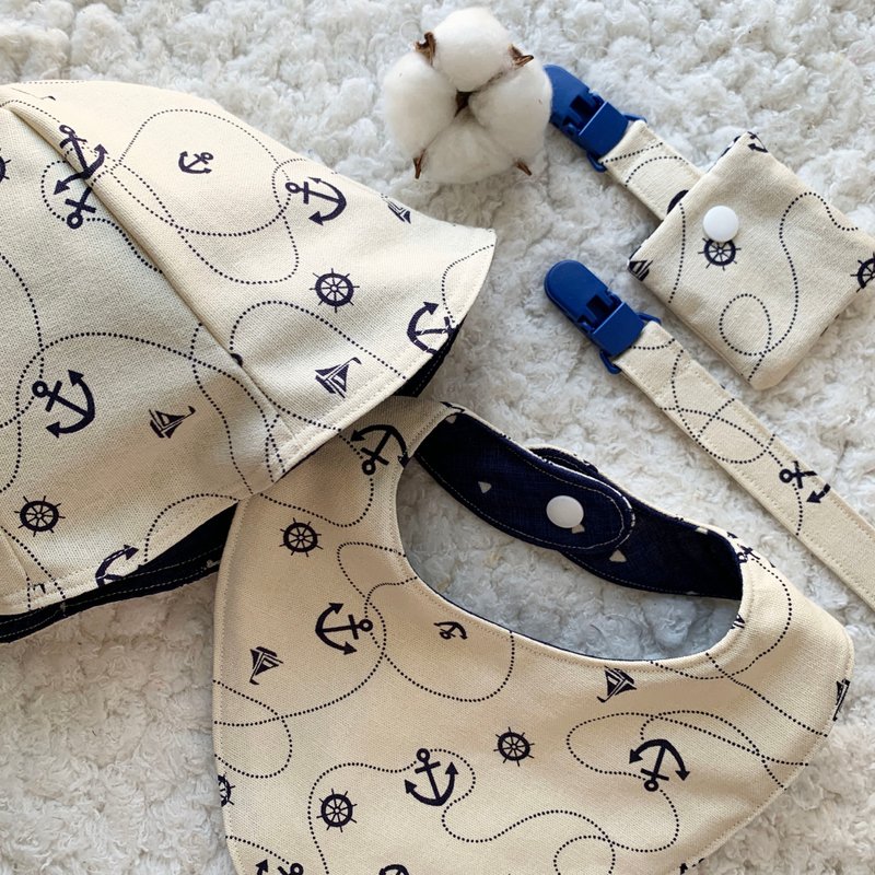 水手弥月礼盒 遮阳帽 宝宝帽 围兜 - 满月礼盒 - 棉．麻 蓝色
