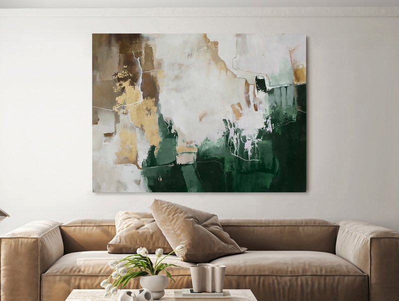 原创绿色与金色抽象压克力画作 画布 | 绿色闪光 2 (Original Green & Gold Abstract Acrylic Painting on Canvas | Green Flash 2) - 墙贴/壁贴 - 棉．麻 绿色