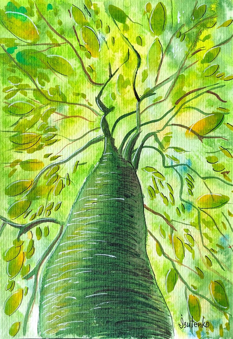 Oak Painting Tree Original Artwork Green Watercolor Tree Of Life Wall Art - 海报/装饰画/版画 - 纸 绿色