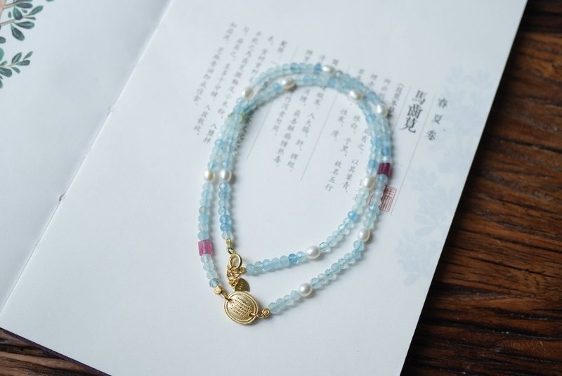 3mm天然海蓝宝切面珠 珍珠碧玺古法银设计多圈手串项链s - 手链/手环 - 水晶 蓝色