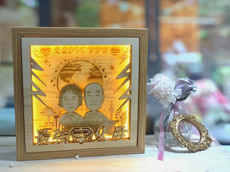【定制化礼物】实木立体木灯箱 父母礼物 送同款人物榉木匙扣 - 灯具/灯饰 - 其他材质 金色