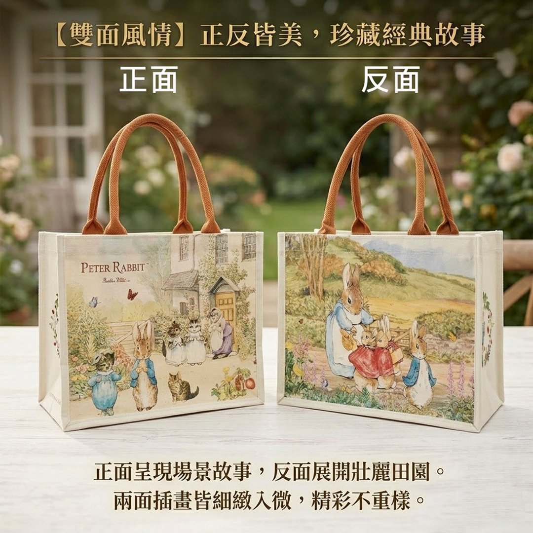 【PETER RABBIT 比得兔】比得兔帆布袋 - 比得兔乐园 (一个) - 手提包/手提袋 - 亚麻 卡其色