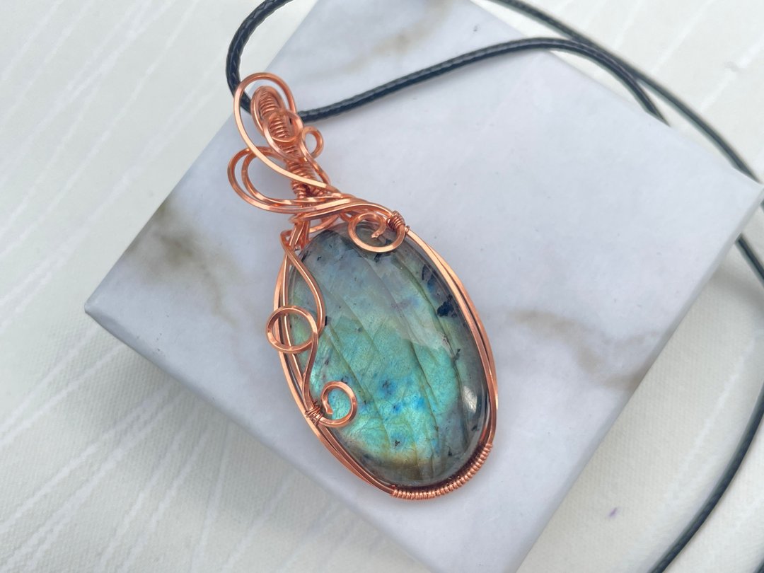 #220932 wire wrapping 拉长石 铜线 绕线 吊堕 - 项链 - 铜/黄铜 蓝色