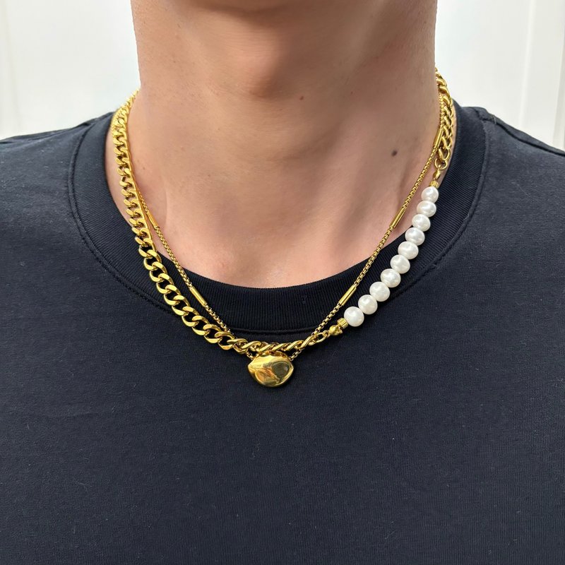 鎏金力场珍珠钛钢项链  天然淡水珍珠 双项链叠戴 复古男潮 中性 - 项链 - 珍珠 