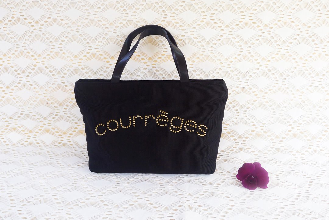 70s Black COURRÈGES satiny corduroy Top handle Bag with gold studs details - 手提包/手提袋 - 聚酯纤维 黑色