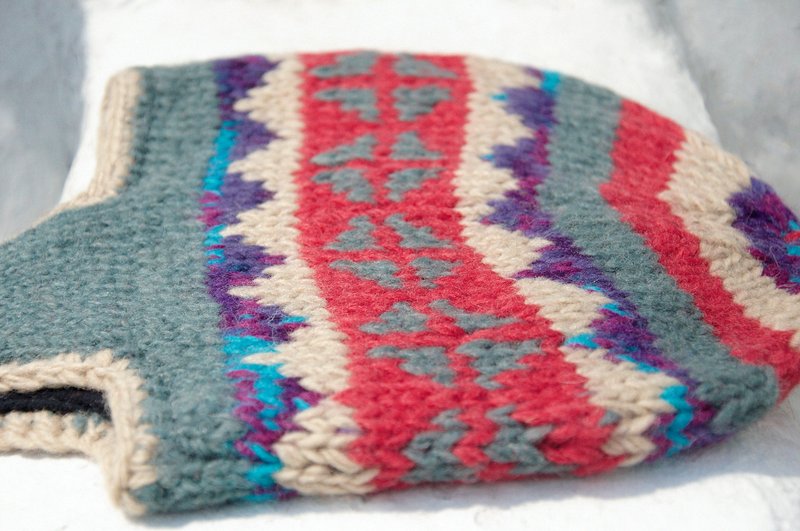 圣诞礼物 手工针织纯羊毛帽 / 手工内刷毛毛帽 / 针织毛帽 / 飞行毛帽 / 毛线帽 - 魔幻蓝紫色 几何民族图腾 ( 手工限量一件 ) - 帽子 - 羊毛 多色