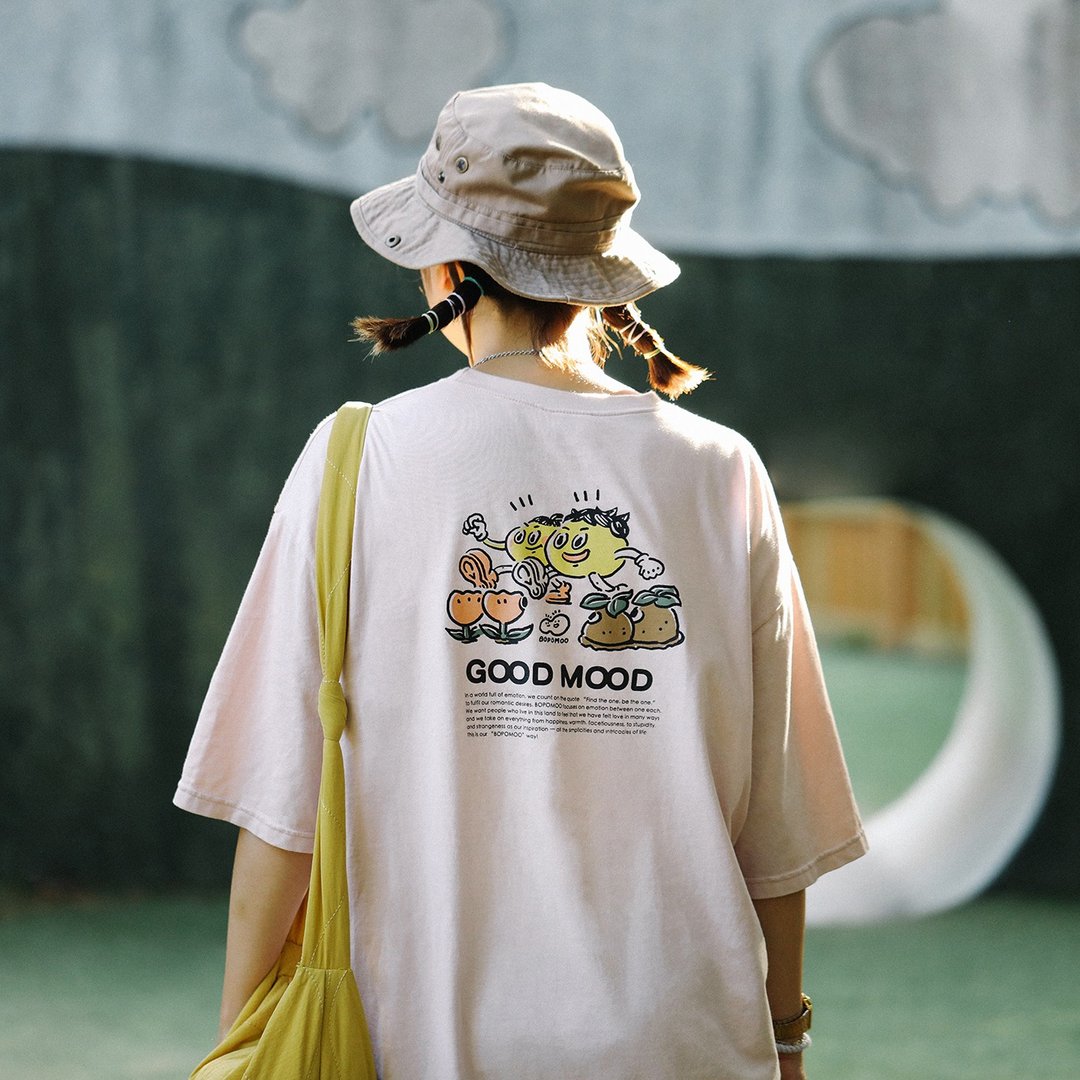 BOPOMOO GOOD MOOD T-shirt 波波亩好心情tee 闺蜜 少女 oversize - 男装上衣/T 恤 - 棉．麻 白色