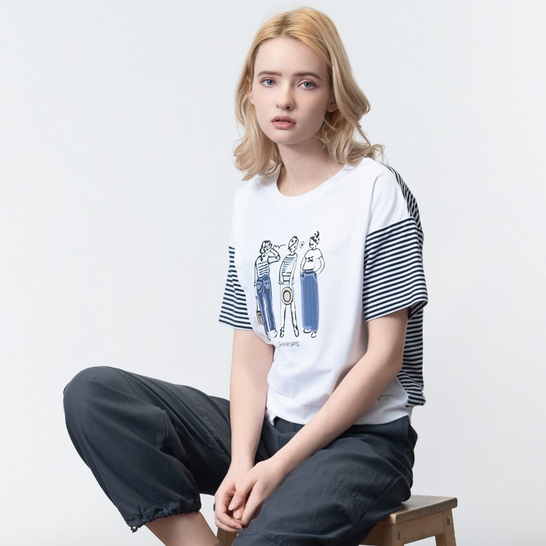 【MEDUSA】条纹拼接女孩插画T恤(M-XL) | 女短袖T恤 女休闲上衣 - 女装 T 恤 - 棉 白色