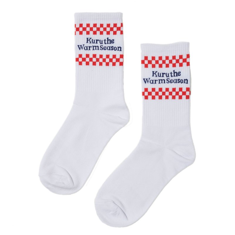 SOCKS 白底红格/联名款/设计袜/男女适用 - 袜子 - 棉．麻 白色