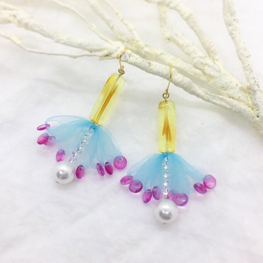Unreve Earrings [Yellow x Pink] - 耳环/耳夹 - 玻璃 黄色