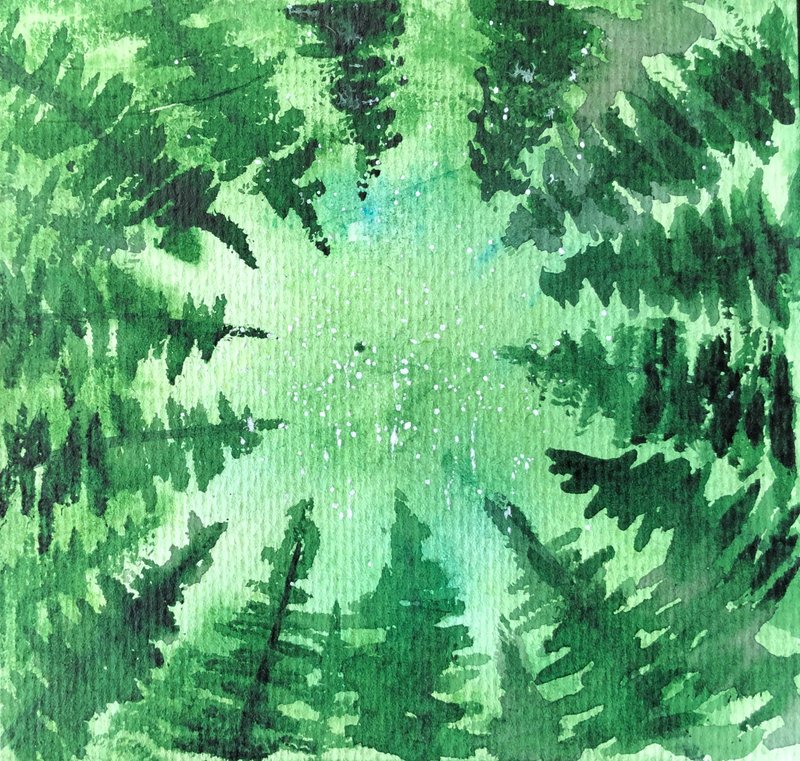 Pine Trees Painting Tree Original Art Dark Sky Artwork Forest Landscape Wall Art - 海报/装饰画/版画 - 纸 绿色