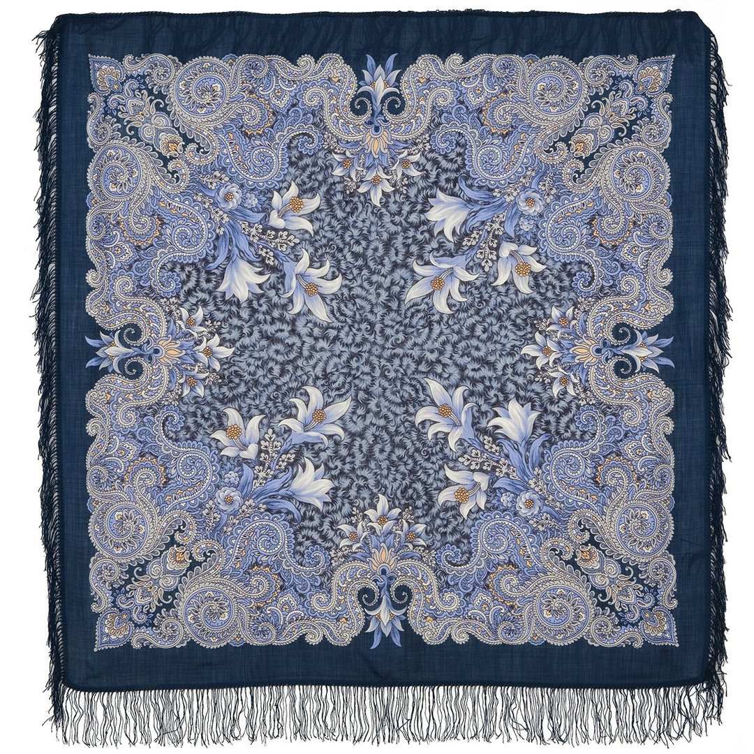 Pavlovo Posad 俄罗斯披肩 100% 羊毛围巾 125x125 厘米 羊毛流苏 23-14 - 丝巾 - 羊毛 蓝色