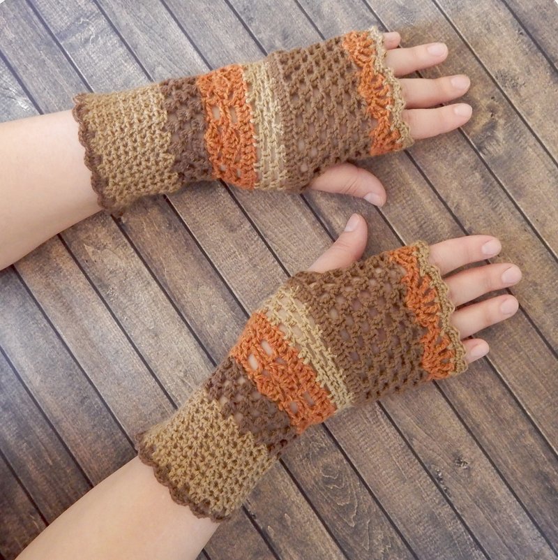 Crochet fingerless gloves Brown mittens Hand knit arm warmers - 手套 - 羊毛 咖啡色