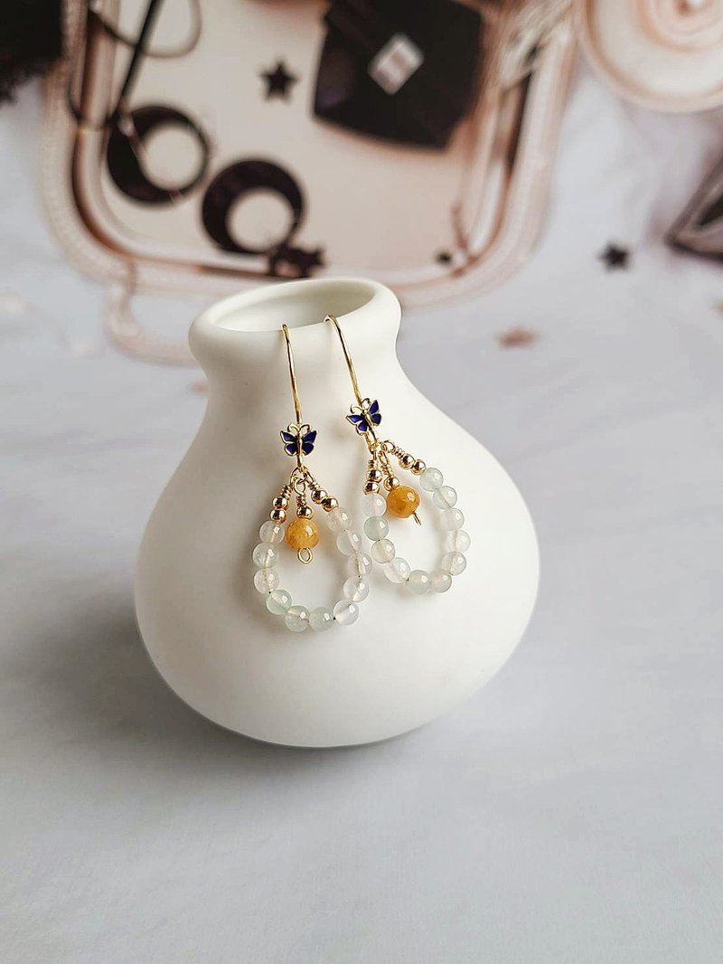 晶莹 // 天然翡翠黄翡、白翡 925银镀金耳勾 - 耳环/耳夹 - 玉石 多色