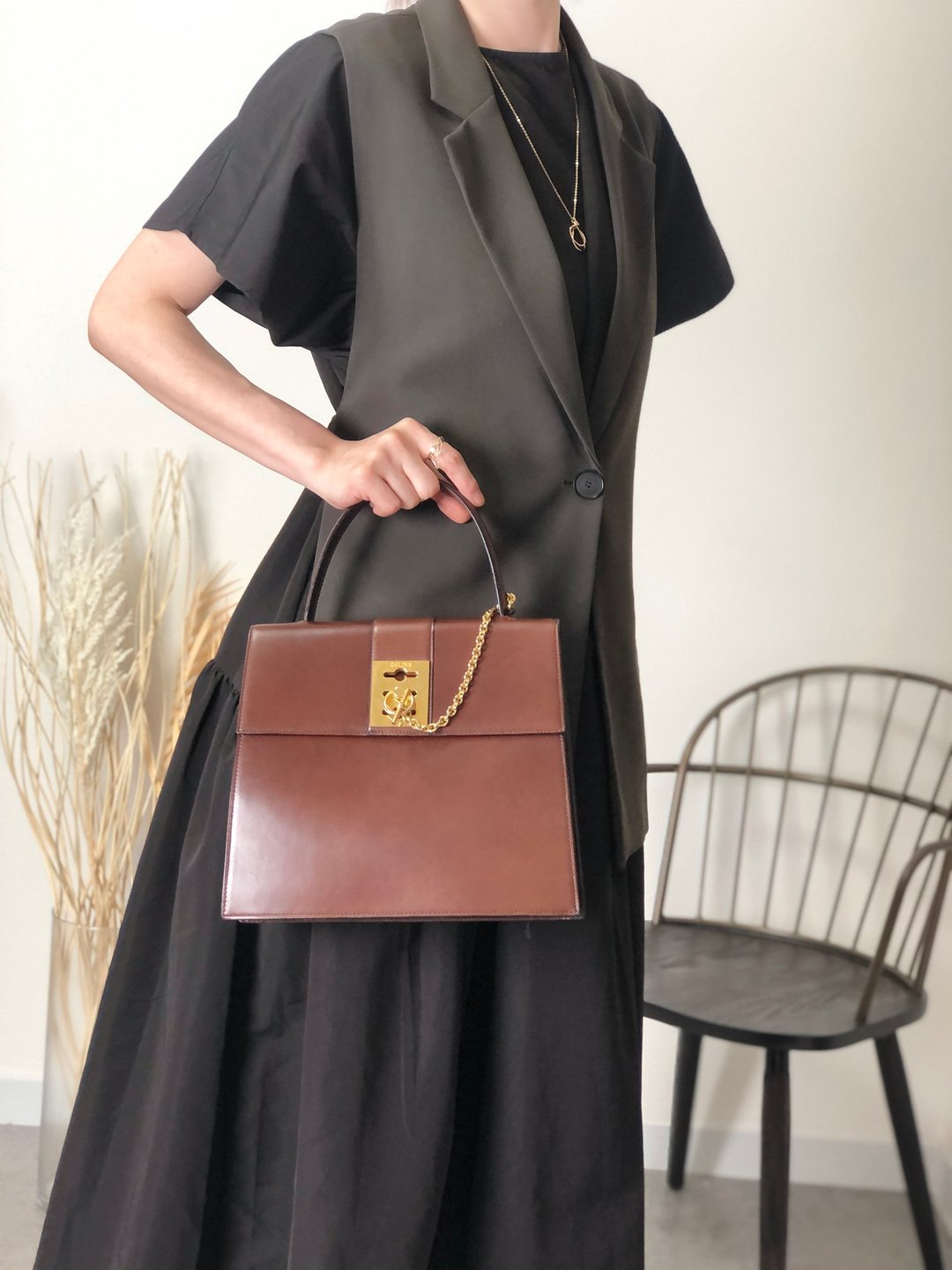 【 日本直送 名牌古着包 】CELINE  સેલિન 手提包 棕色 Gancini 链条 皮革 vintage 古着 复古 7ffusp - 手提包/手提袋 - 真皮 咖啡色