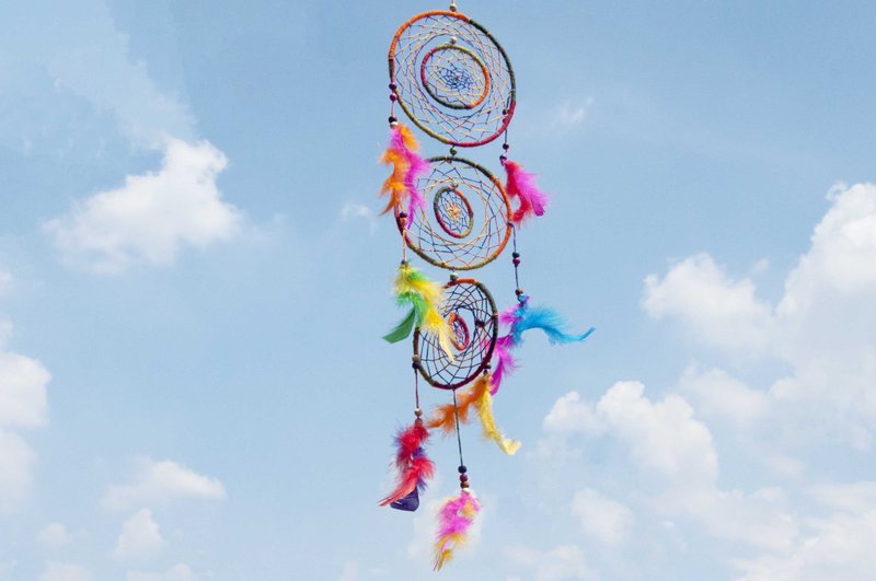 手工编织棉麻彩虹捕梦网吊饰 Boho羊毛线捕梦网 羽毛捕梦网-旋转 - 摆饰 - 棉．麻 多色