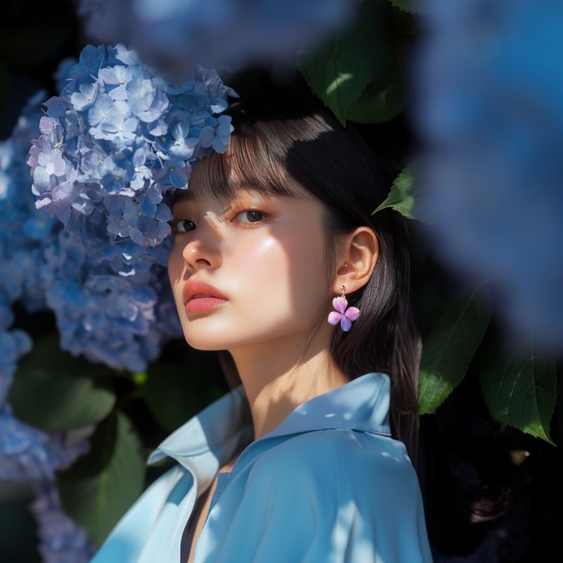 耳边的绣球花香 蓝紫色绣球花耳环 耳勾 耳夹 不对称 - 耳环/耳夹 - 其他材质 紫色