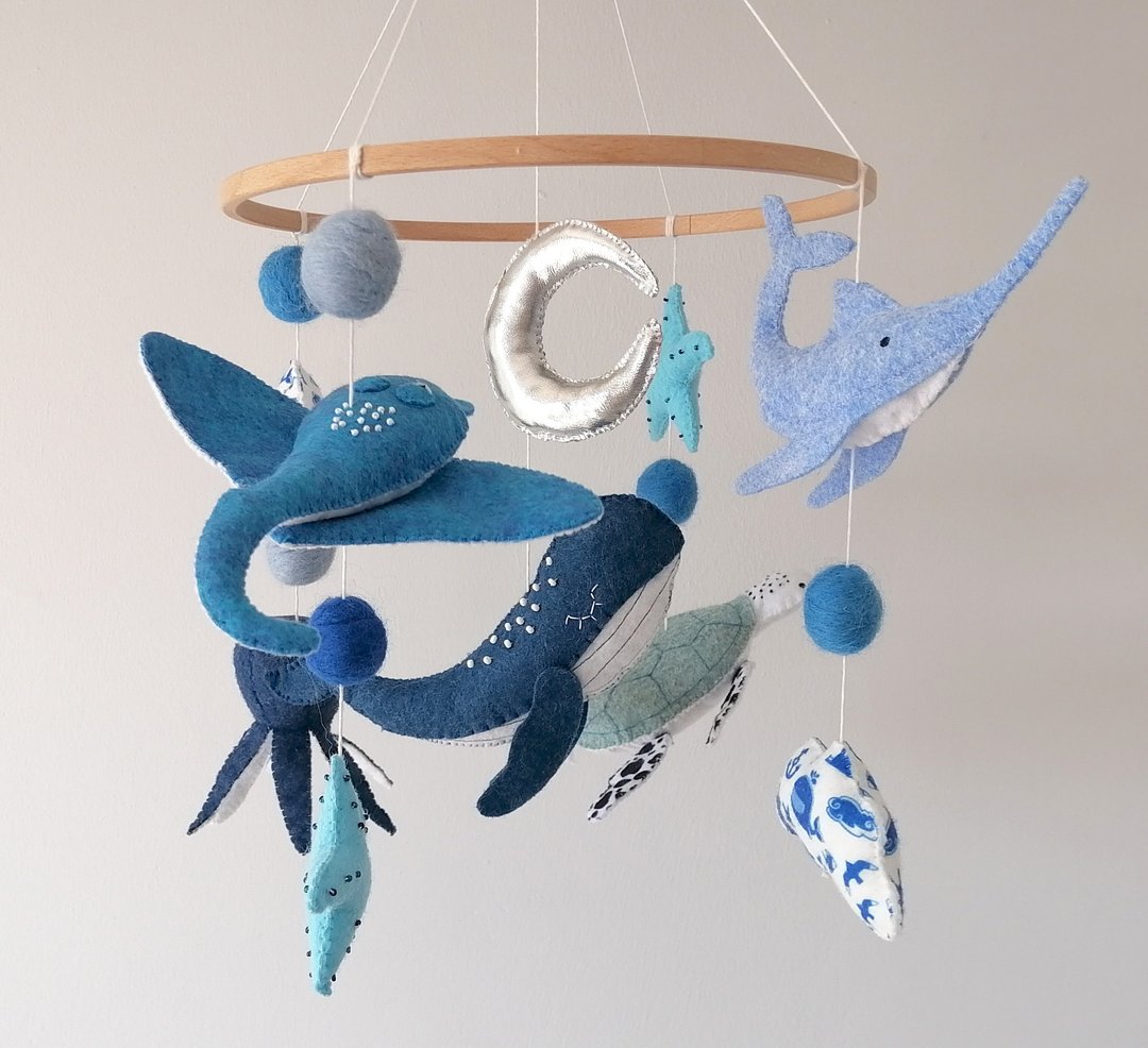Ocean Baby Mobile for Boy Nursery, Felt Sea Animals Crib Mobile,Cot Mobile Gift - 玩具/玩偶 - 其他材质 蓝色