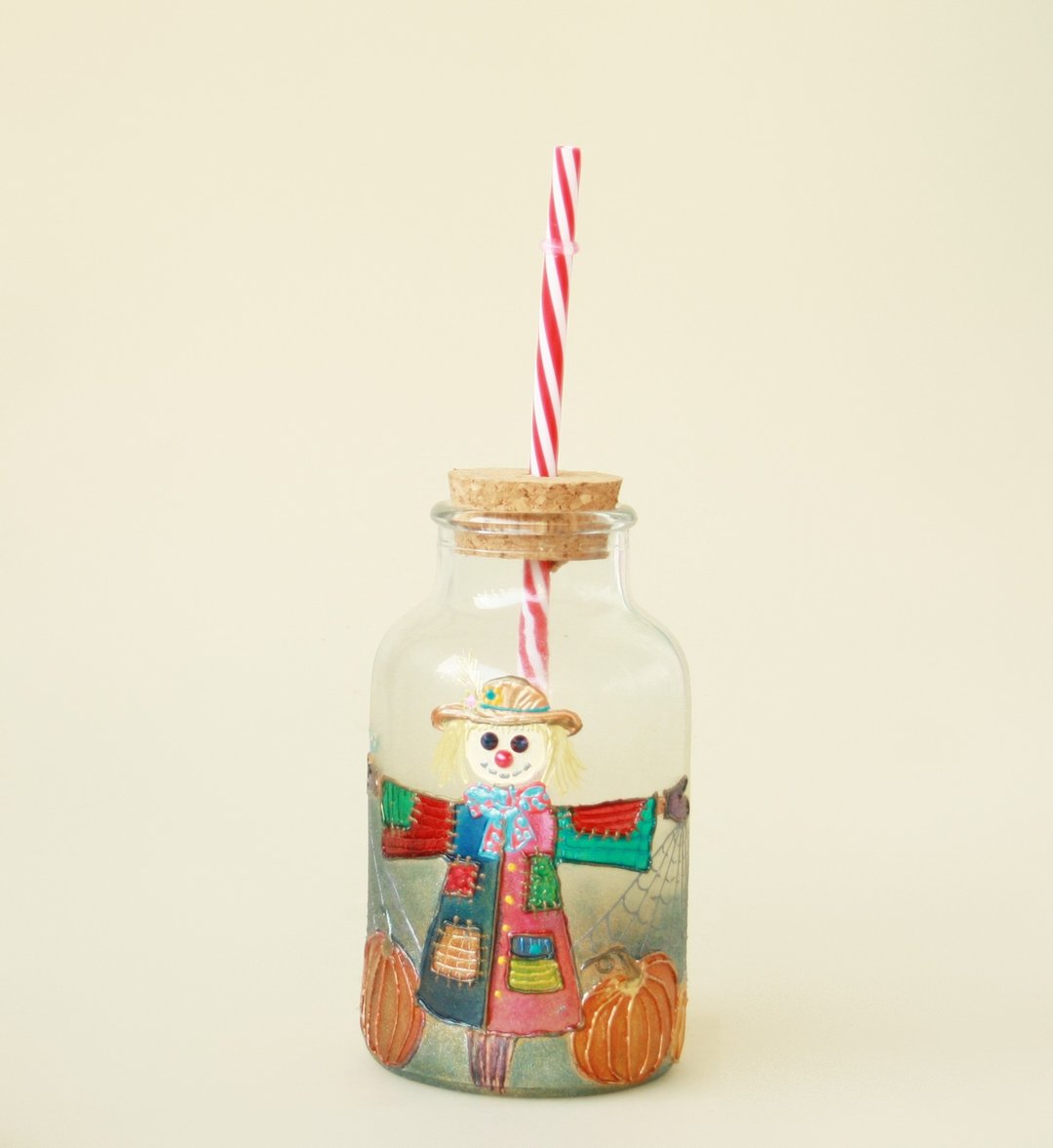 Scarecrow and Pumpkins Jar Bottle Hand-painted - 开瓶器/开罐器 - 玻璃 多色