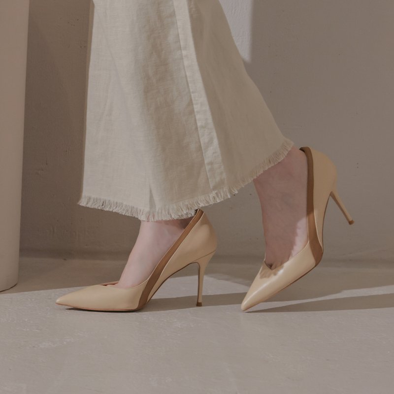 优雅拼接-名媛风尖头细高跟-米色 - 高跟鞋 - 真皮 黄色