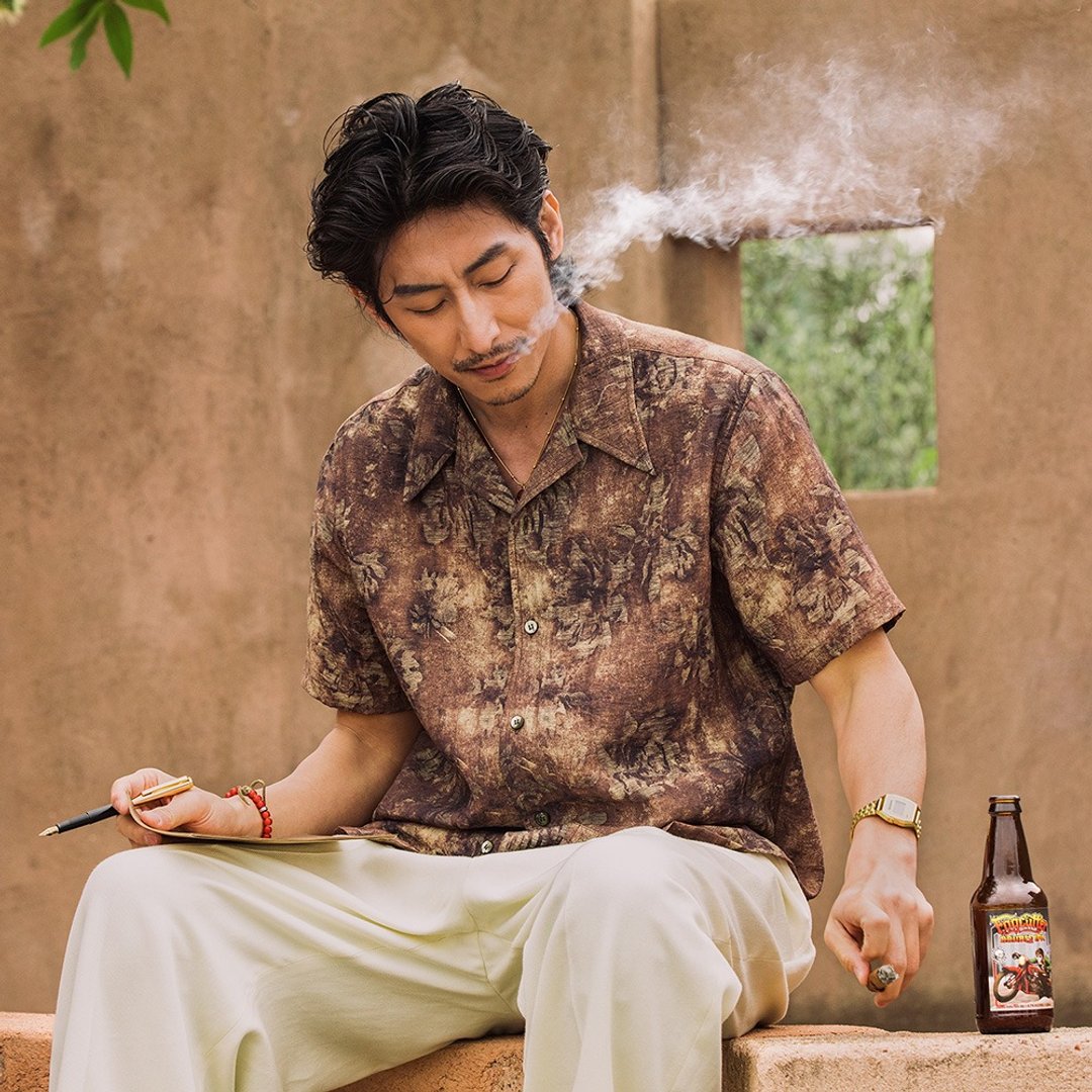 SOARIN英伦复古古巴领印花休闲衬衫(2526C398) - 男装衬衫 - 棉 黄色