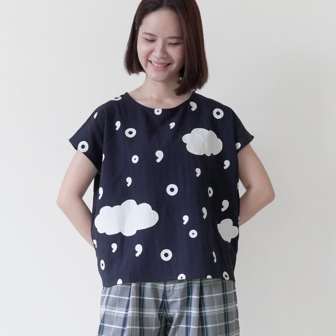 逗点句点标点云雨上衣-深蓝色 - 女装上衣 - 棉 蓝色