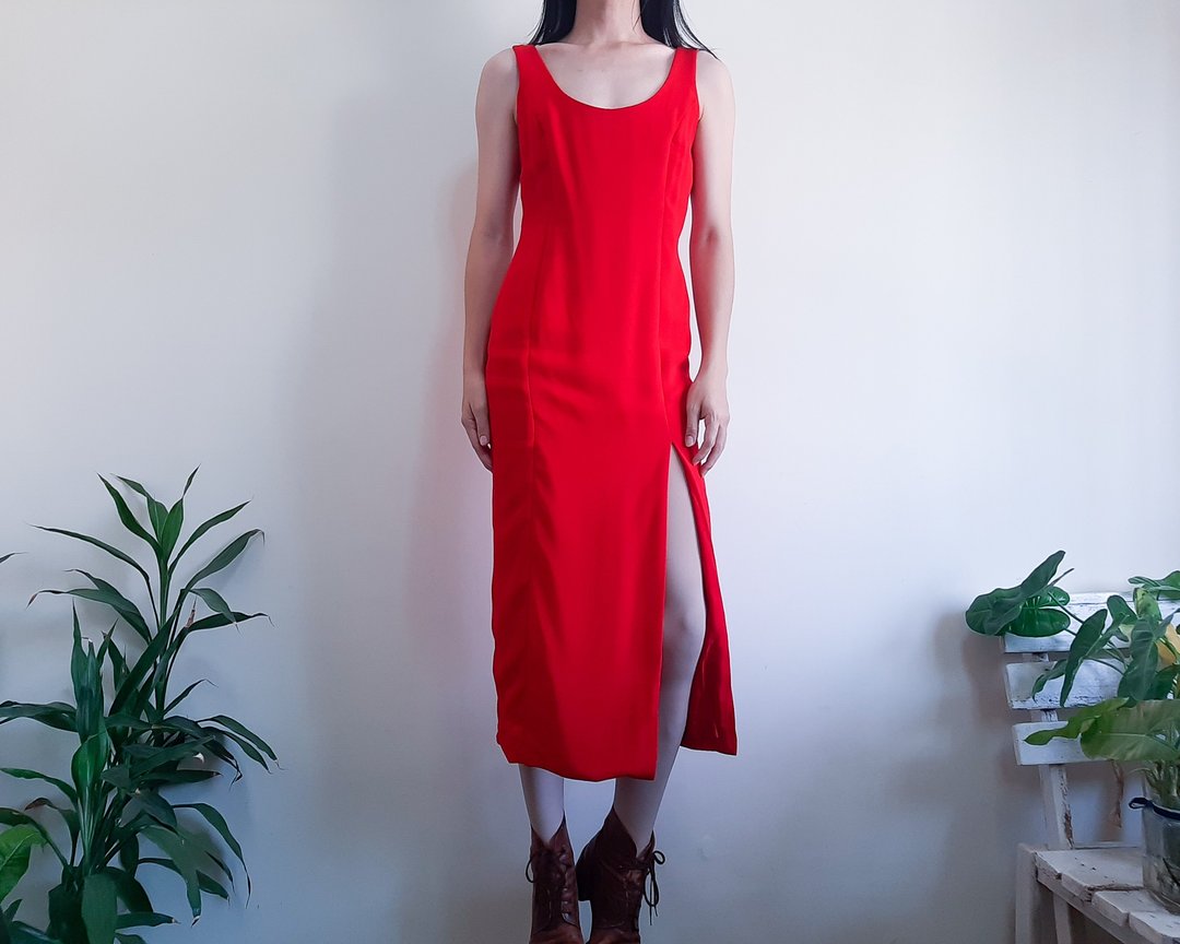 NICOLE MILLER 复古红色晚礼服前开衩连衣裙美国制造 S 码 - 洋装/连衣裙 - 聚酯纤维 红色