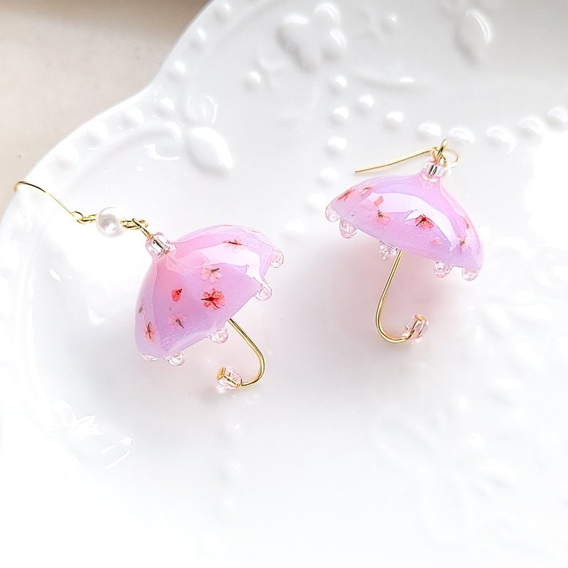 春日小花雨伞耳环/耳夹 干燥花 粉红粉紫 抗过敏医疗钢 - 耳环/耳夹 - 植物．花 紫色