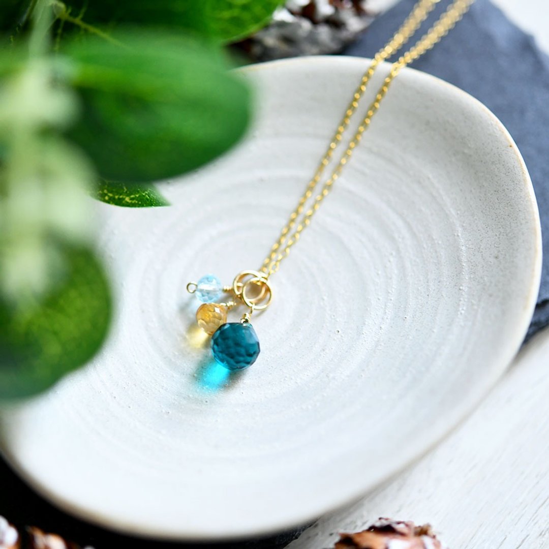 Green quartz citrin skyblue topaz necklace pendan - 项链 - 宝石 绿色
