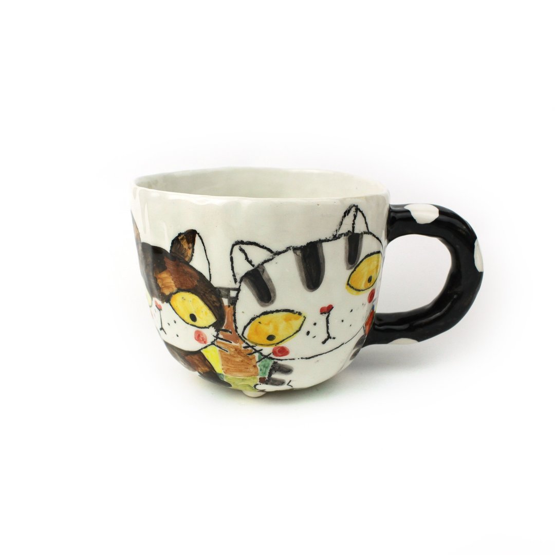 Nice Little Clay 手工大马克杯 可爱猫 0103-47 - 咖啡杯/马克杯 - 陶 白色