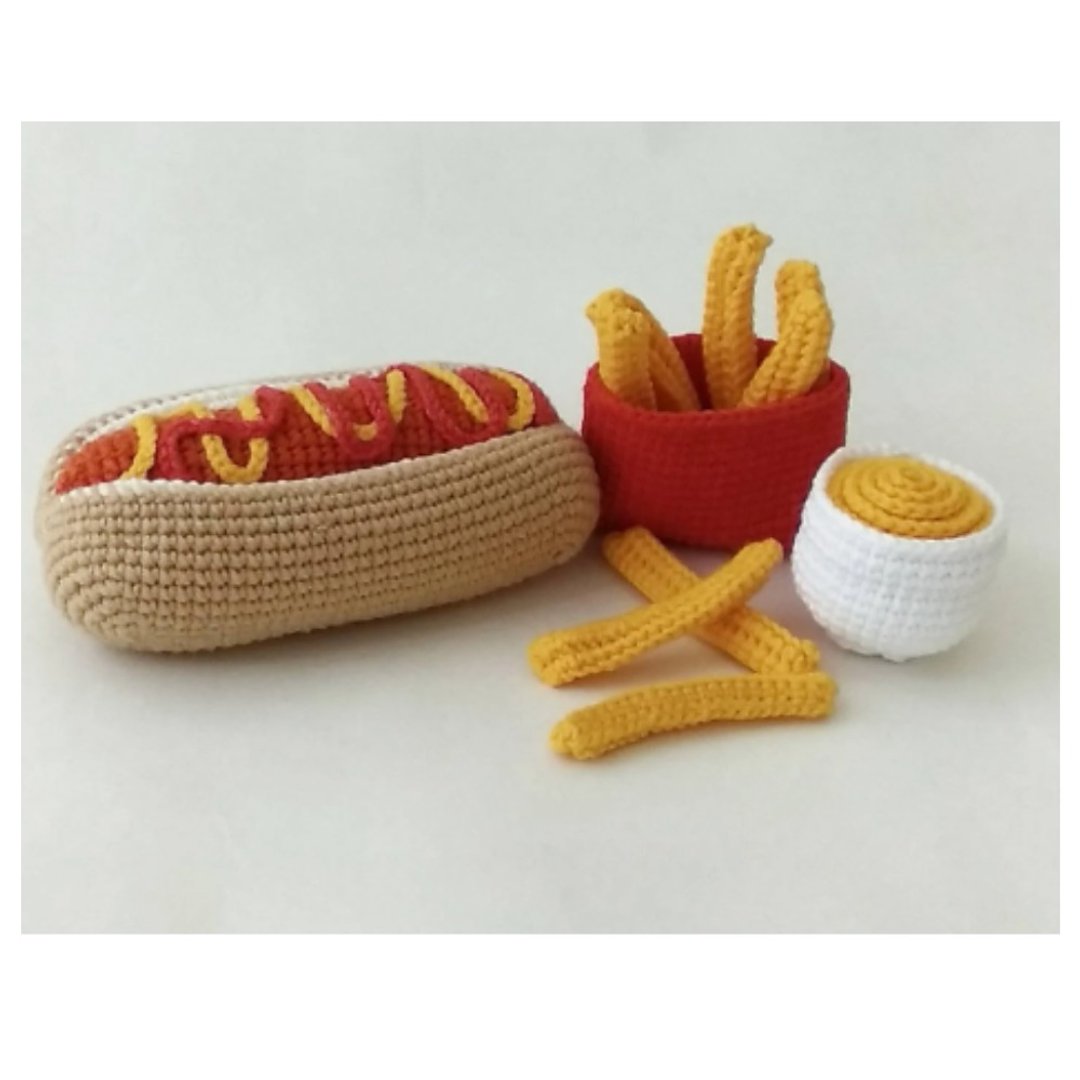 French fries box amigurumi, Hot dog, cheese sauce - 玩具/玩偶 - 棉 