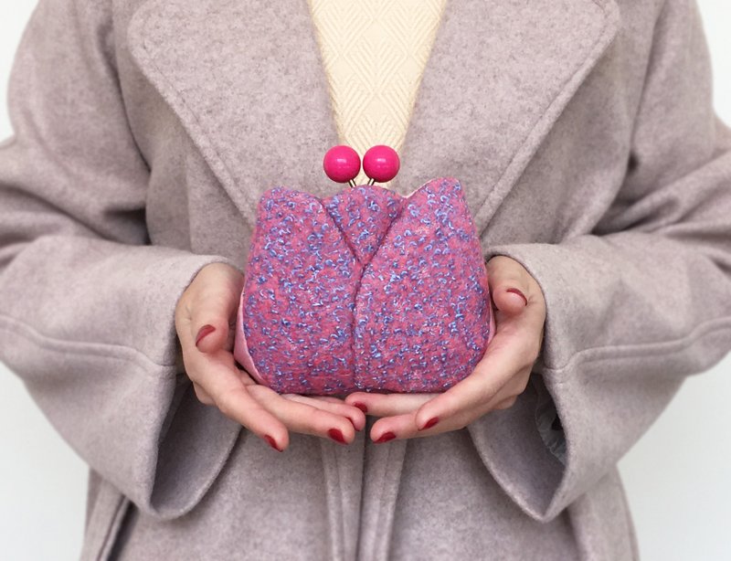 鬱金香 短款钱包 皮夹 斜挎小废包 口金包 樱花粉 - 皮夹/钱包 - 羊毛 粉红色