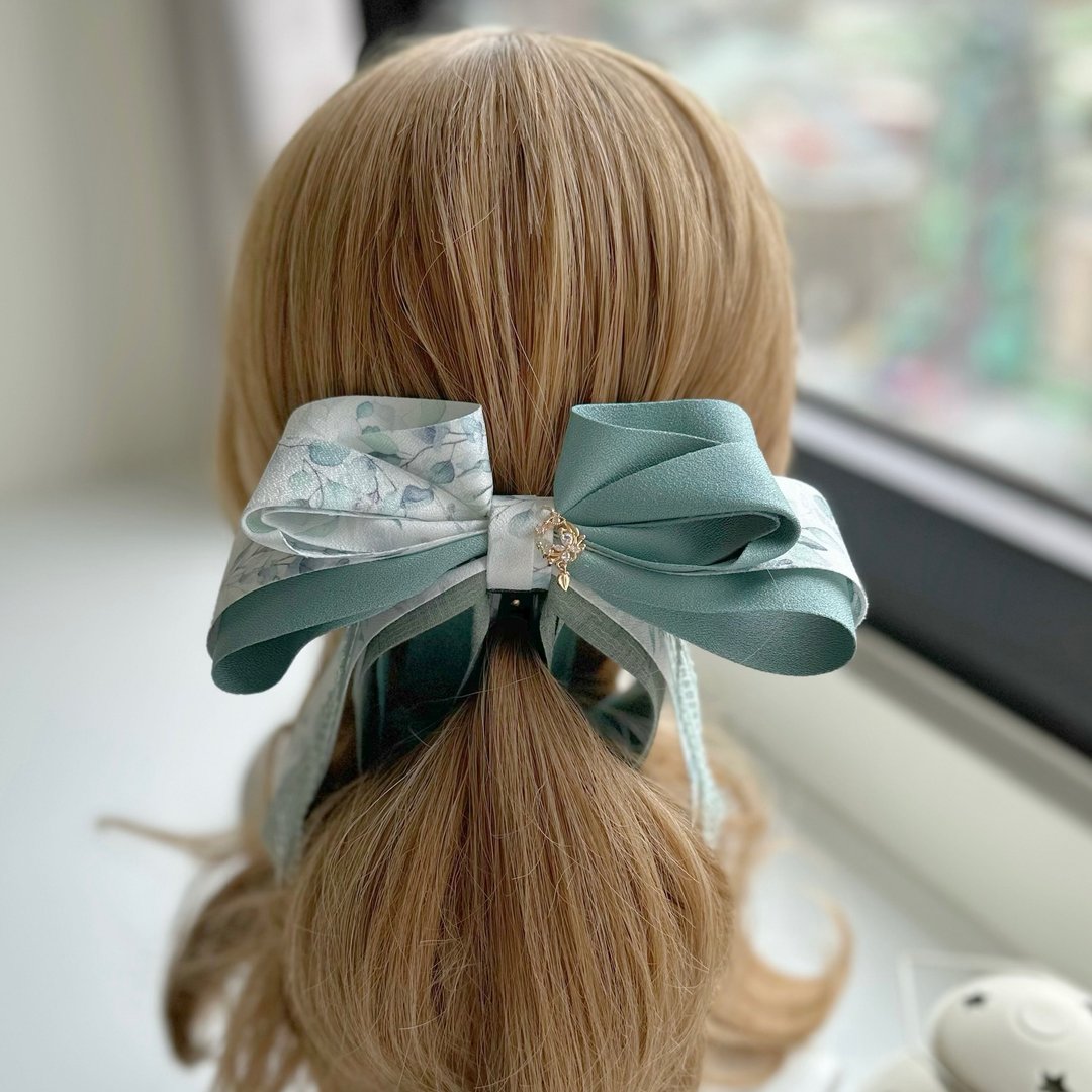 独家款古典立体蝴蝶结相交夹香蕉夹仙女夹发夹-湖水绿 - 发饰 - 其他材质 绿色
