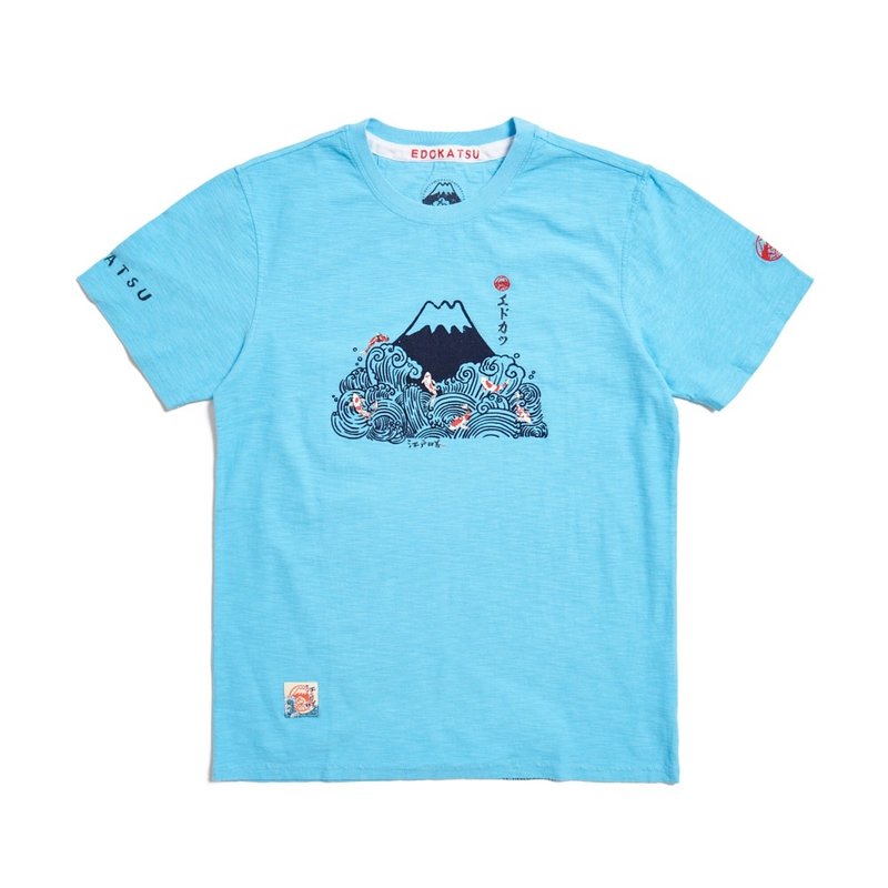 江户胜 日系 男装 海浪鲤鱼短袖T恤(水蓝色) #上衣 - 男装上衣/T 恤 - 棉 蓝色