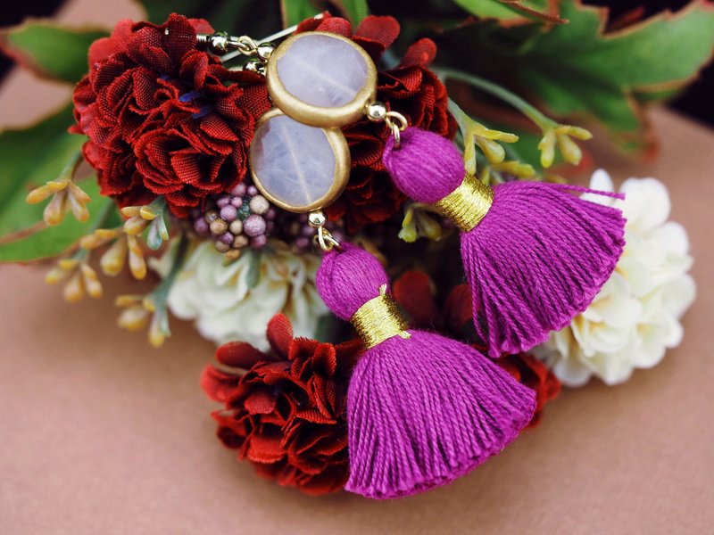 Rose quartz earrings / Romantic fuchsia pink tassel earrings - 耳环/耳夹 - 宝石 粉红色