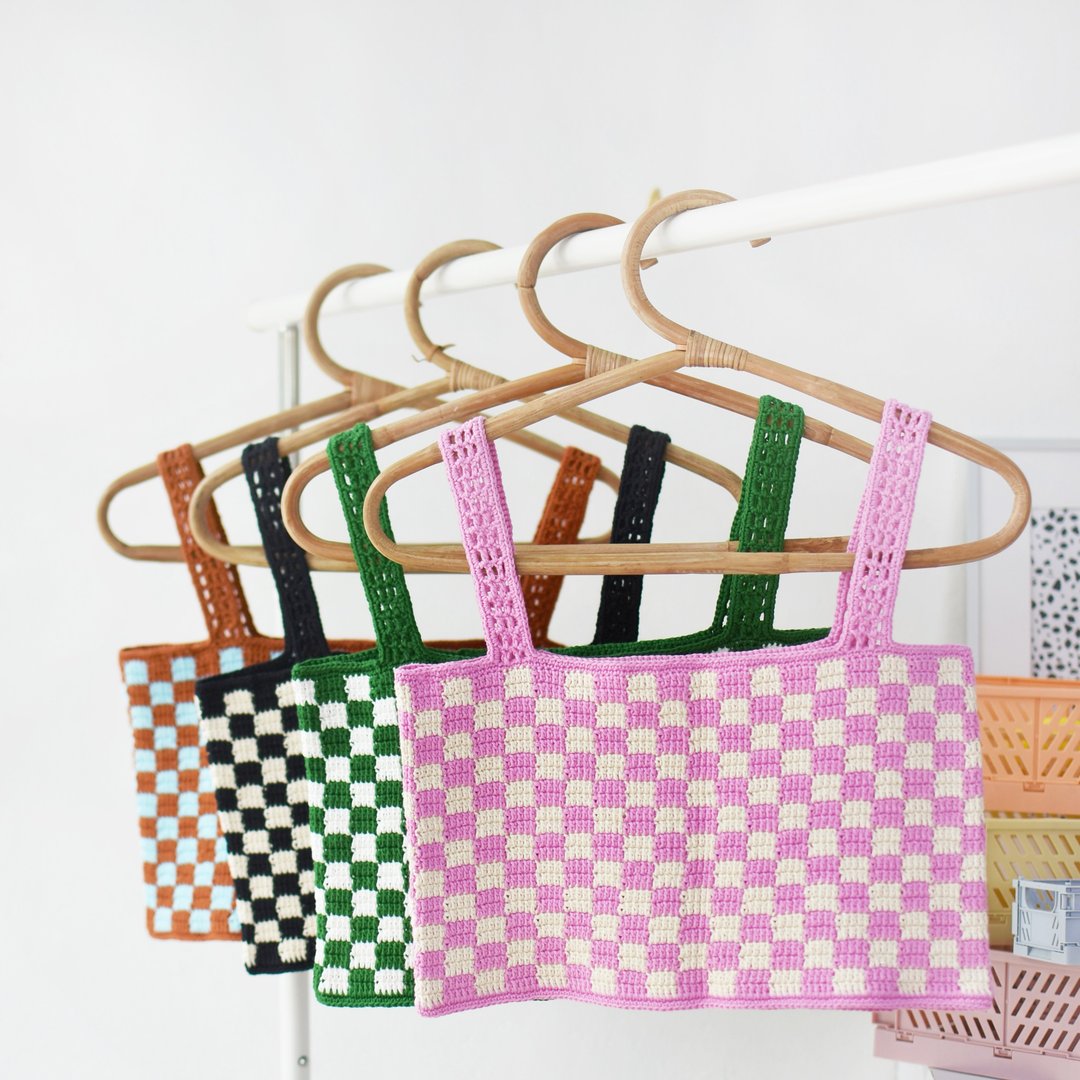 Checkerboard Crochet Cami Strap - 女装上衣 - 棉 多色