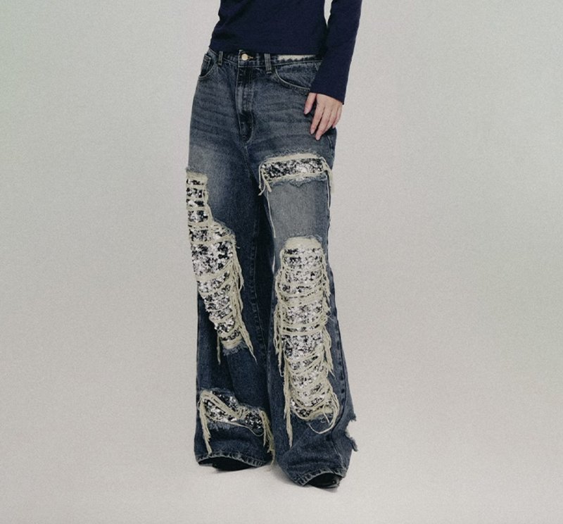 Ripped Detail Jeans 原色洗水大廓形亮片破洞牛仔裤 - 中性裤装 - 其他材质 蓝色