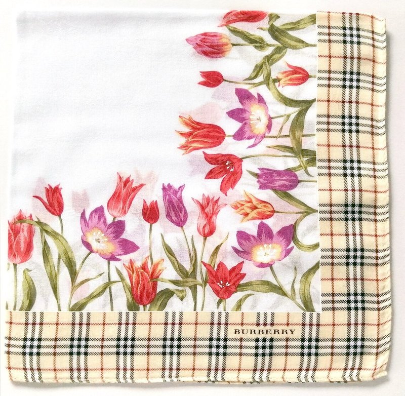 Burberry 复古手帕 花卉郁金香 格纹 20 x 20 英寸 - 手帕/方巾 - 棉．麻 卡其色