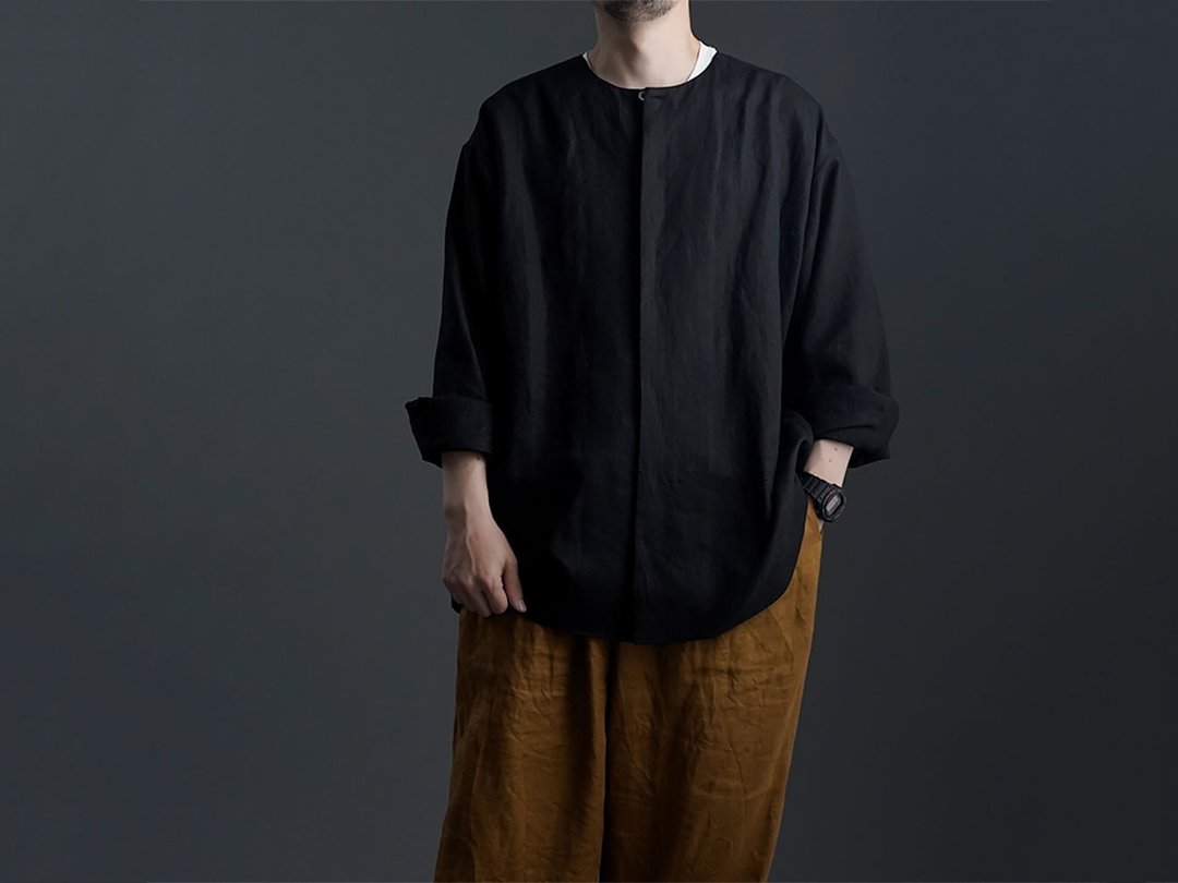 wafu --Flax Cloth Oversized Linen Fly Front Shirt / Black t021e-bck1 - 中性连帽卫衣/T 恤 - 亚麻 黑色