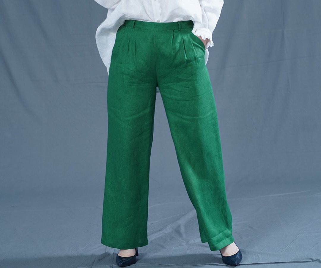wafu Linen straight pants / elastic waist / long length / Vert Cypres b010e-vsp2 - 女装长裤 - 棉 绿色