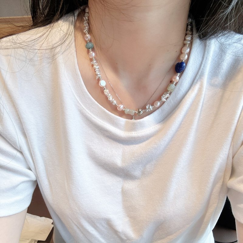手工淡水珍珠 × 天然宝石项链 蓝色爱心点缀优雅浪漫 - 项链 - 珍珠 透明