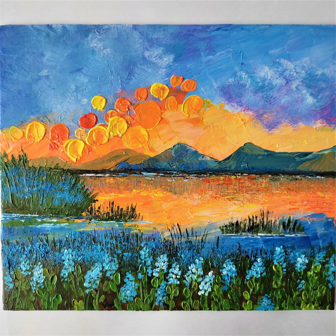 客廳 掛畫 Hanging painting with sunset 壁飾 Housewarming gift 畫 Landscape blue flowers - 墙贴/壁贴 - 压克力 多色