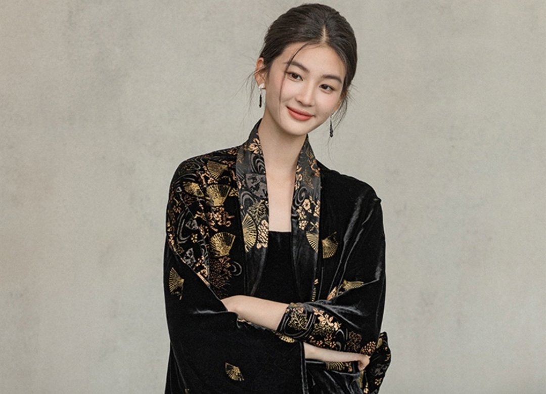 新中式中国风 100桑蚕丝烫金丝绒 长袍外披 - 女装上衣 - 丝．绢 黑色